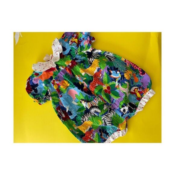80s Disney Romper Winnie The Poo Colorful Jungle Animals Print Polkadot Ruffles - Picture 1 of 8
